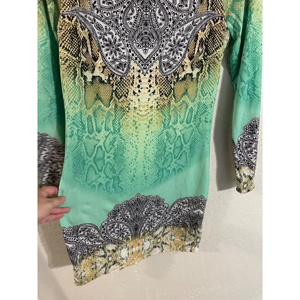 Y Hale Bob Long Sleeve Paisley Python Leopard Snake Print Mini Shift Dress - Picture 5 of 10
